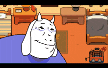 a pixel art drawing of a goat with horns and glasses sitting on a bed