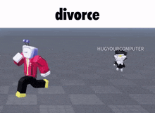 a cartoon character is running away from a cartoon character with the words divorce and hug your computer .