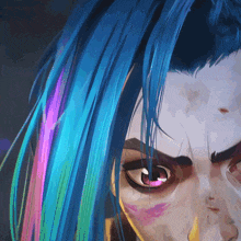 a close up of a person with blue hair