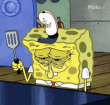 a cartoon of spongebob holding a spatula with pollo.ai written on the bottom right