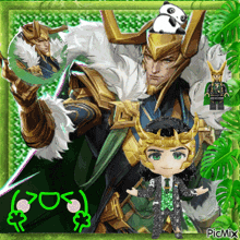 a picture of loki with a lego figure and a panda on his head