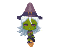 a pixel art drawing of a witch with a purple hat