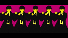 a row of men in suits and ties are standing next to each other on a pink background