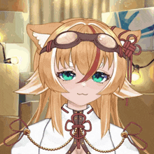 a girl with a cat ear and goggles on