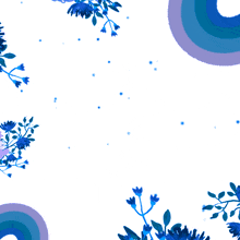 a blue square with arabic writing on it with blue flowers in the background