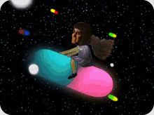 a cartoon of a girl riding a giant capsule in space