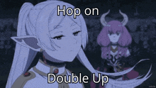 a cartoon of a girl with horns and the words hop on double up