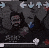 a cartoon drawing of a man with a beard and a cupcake with arrows pointing up and down