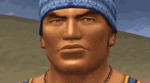 a close up of a man 's face with a beard wearing a blue hat .