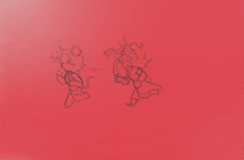 a red background with a drawing of a cat and a man with a crown on their head