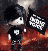 a figurine with a black shirt that says indie voice