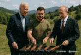 three men are grilling shish kebabs in a field sponsored by minimox