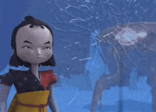 a cartoon character in a kimono is standing in front of a blue background .