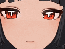 a close up of a anime girl 's face with red eyes and black hair .