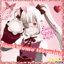 a picture of a girl that says good momo morning on it