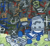 a cartoon drawing of a robot sitting in front of a wall with numbers written on it