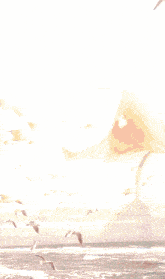 a painting of a woman surrounded by seagulls and the words " rave nice day " on the bottom