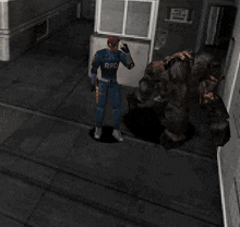 a man in a r.p.d. uniform stands in front of a monster