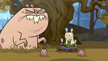 a cartoon of a girl sitting in the dirt with a monster