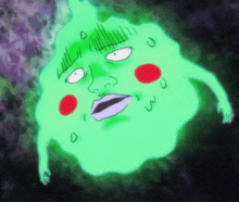 a green cartoon character with red dots on his face