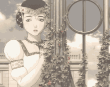 a woman with a crown on her head stands in front of a building