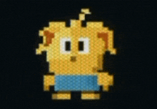 a pixel art of a yellow cartoon character with a blue shirt and pants on a black background .