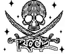 a black and white drawing of a skull and crossed swords with the word rock .