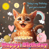 a birthday card with a cat wearing a party hat and a cake with candles