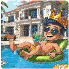 a cartoon of a man wearing a crown laying on a raft in a pool
