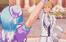 a girl with blue hair and a hat with a flower on it stands next to a boy in a white suit
