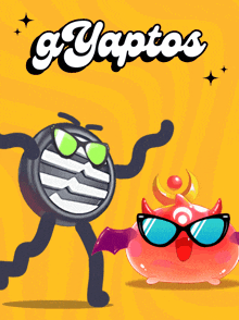 a cartoon drawing of a coin and a devil with the word yaptos written above them