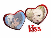 a couple of hearts with the word kiss in the middle
