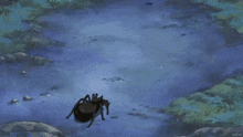 a cartoon of a person kneeling down with a spider in front of them
