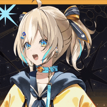 a girl with blonde hair and blue eyes is wearing a choker