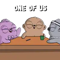 three cartoon characters sitting at a table with the words one of us written above them