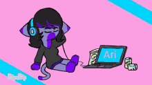 a cartoon of a cat wearing headphones sitting next to a laptop with the name ari on it