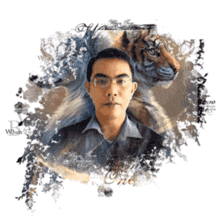 a man with glasses is surrounded by a tiger and flowers