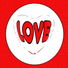 a white circle with the word love in red letters