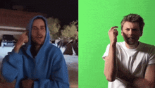 a man in a blue hoodie and a man in a white shirt