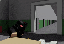 a computer generated image of a hallway with a few doors