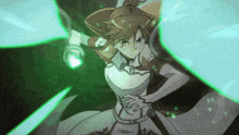 a girl in a white dress is holding a green sword .