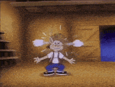 a cartoon character is standing on a wooden floor with his hands outstretched