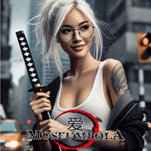 a woman with glasses is holding a sword in front of a sign that says museumbola