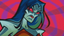 a cartoon of a woman with red eyes and blue hair .