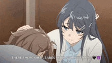 a girl is putting her hand on a boy 's forehead and says there there mista babes