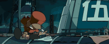 a cartoon character eating a hamburger in front of a sign that says 11