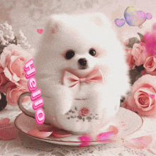 a small white dog with a pink bow tie sits in a teacup with the word hello written on it