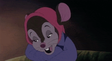 a cartoon mouse wearing a pink hood and a purple shirt