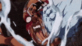 a close up of a cartoon character 's face with blood coming out of his mouth .