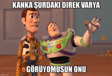 woody and buzz lightyear from toy story are standing next to each other with a caption that says " kanka surdaki direk varya "